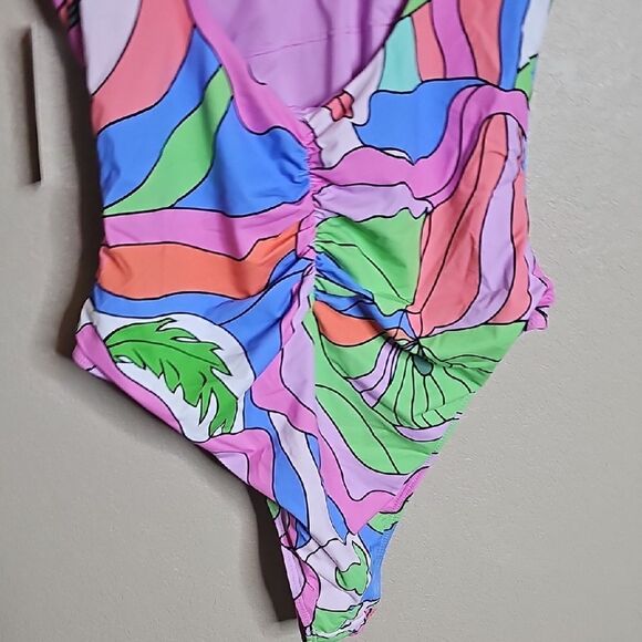 NWT Beach Joy Large Colorful Abstract One-Piece Swimsuit ruched V neck plunge - Picture 5 of 7
